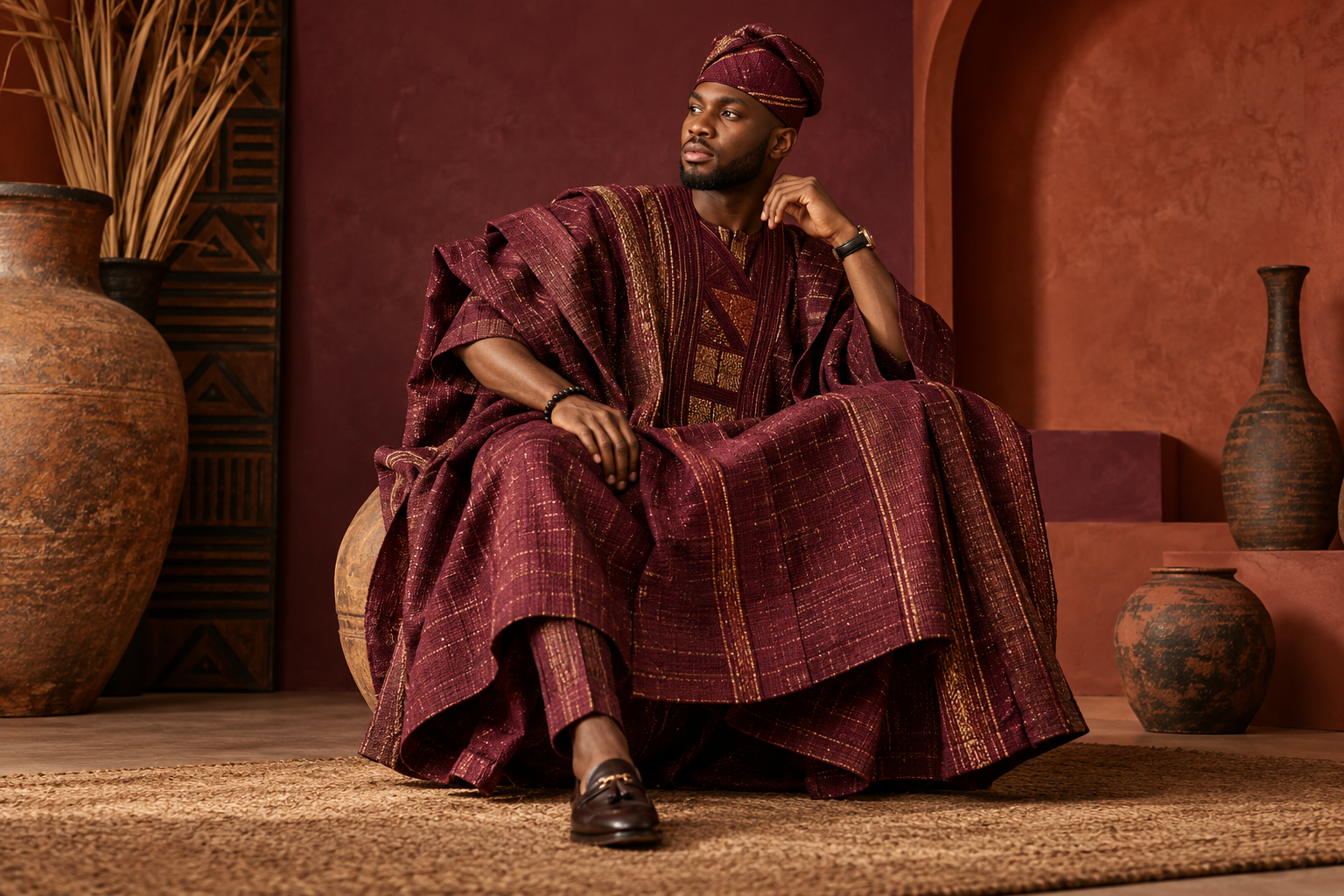 Model wearing wine and gold aso oke